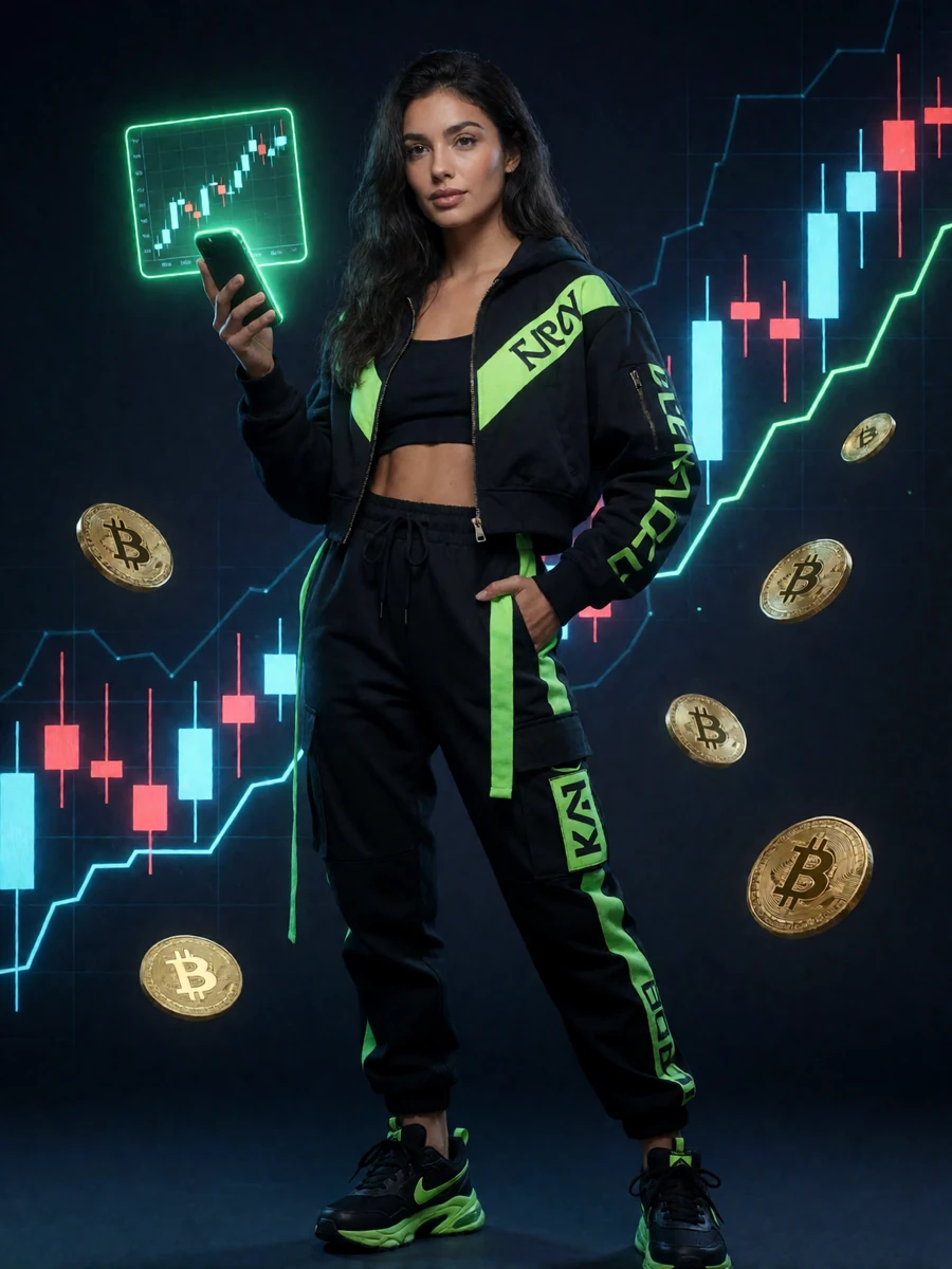 Junge Frau in moderner Streetwear h&auml;lt ein leuchtendes Smartphone mit Krypto-Charts im Jack Casino Studio