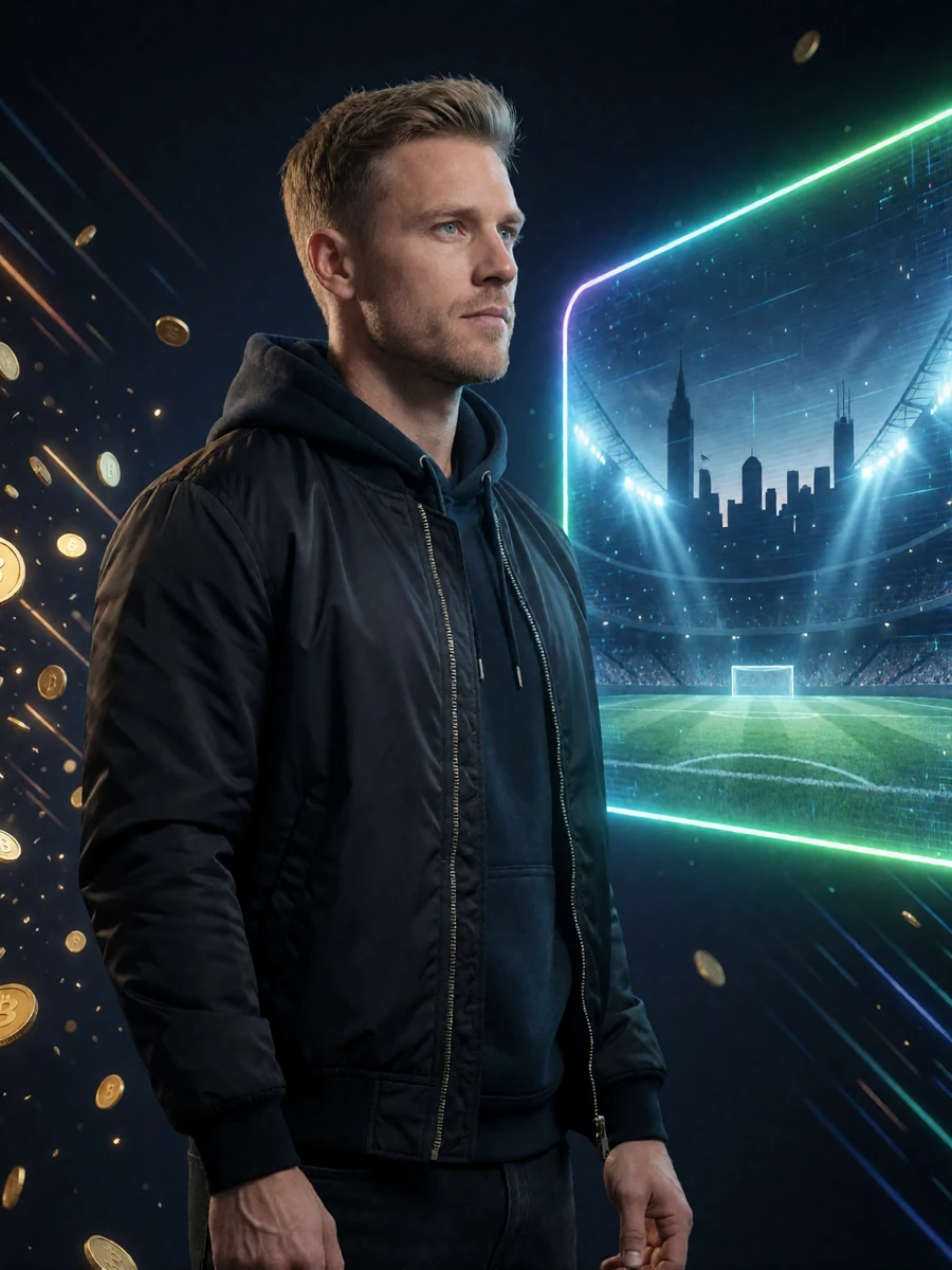 Mann in Bomberjacke verfolgt Live-Fu&szlig;ballspiel auf holografischem Display bei Jack Casino Sportwetten